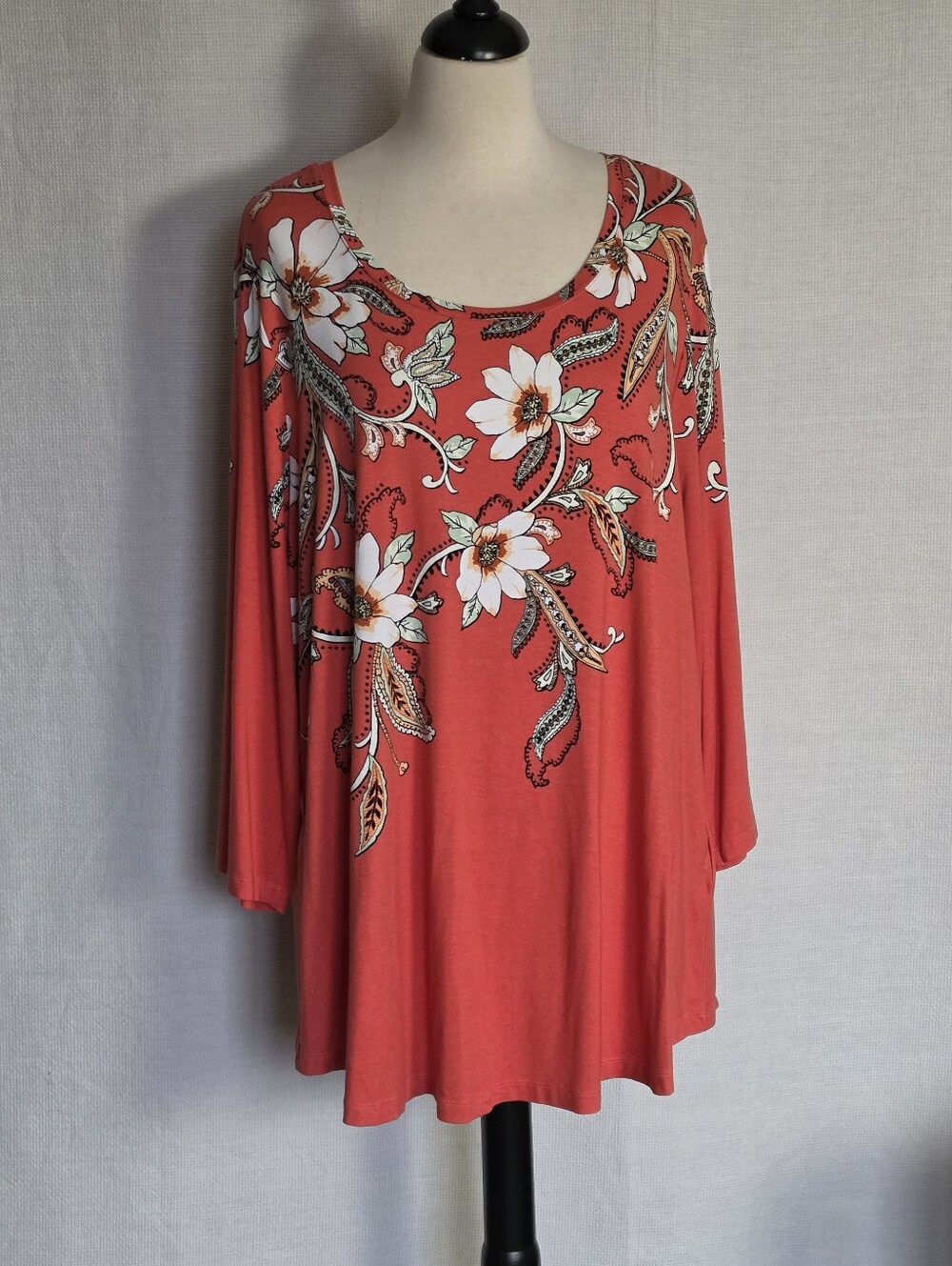 JM Collection Women's Plus Size 3X Scoop Neck Coral Floral Blouse 3/4 Sleeve